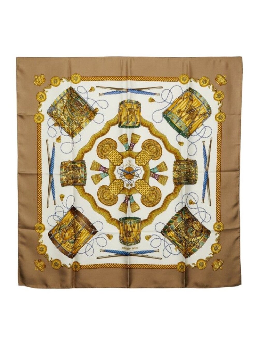 Hermes Carre 90 les Tambours Taiko Beige Scarf White Multicolor Silk - Picture 1 of 6